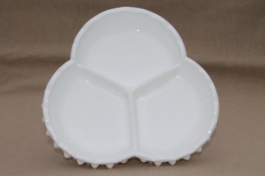 vintage milk glass relish tray, Fenton hobnail three-part bowl divided dish