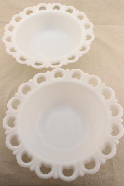 vintage milk glass salad or serving bowls, Anchor Hocking open lace edge pattern glass