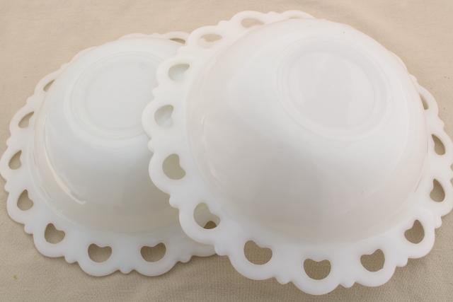 vintage milk glass salad or serving bowls, Anchor Hocking open lace edge pattern glass