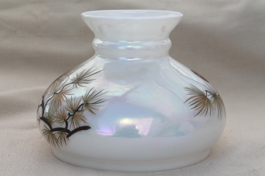 vintage milk glass shade for a hurricane lamp, rustic cabin oil lamp shade w/ pinecones