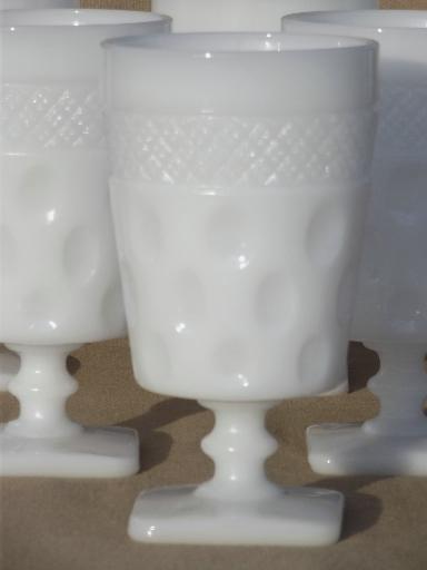 vintage milk glass tumblers & footed glasses, McKee diamond & dot pattern