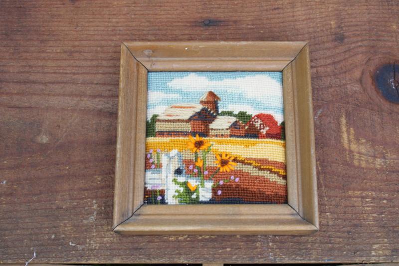 vintage mini needlepoint crewel embroidery picture, fall farm barn landscape scene