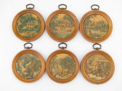 vintage miniatures, six round frames w/ old Currier & Ives prints