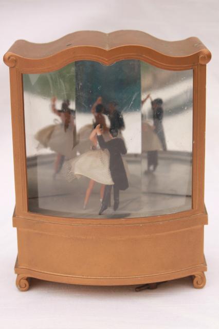 vintage mirror plastic shadowbox music box w/ dancer couple dancing to waltz