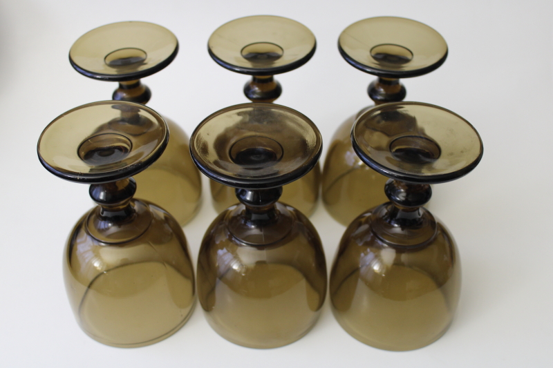 vintage mocha brown smoke glass goblets, chunky Hoffman house water wine glasses