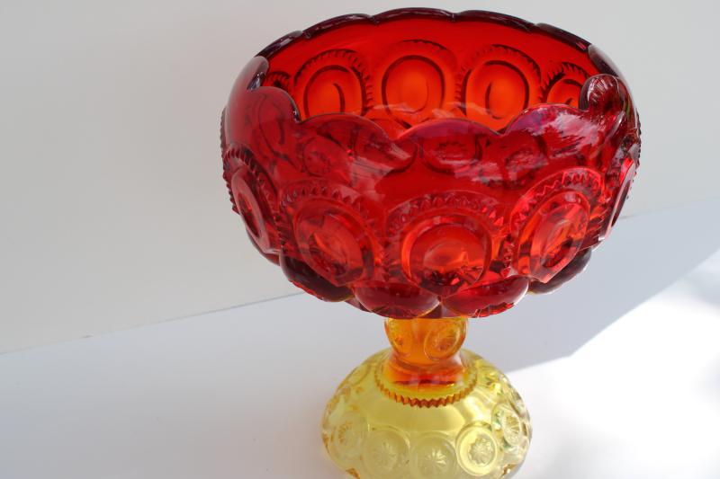 vintage moon and stars pattern amberina glass, cupped shape compote pedestal bowl