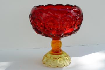 vintage moon and stars pattern amberina glass, cupped shape compote pedestal bowl
