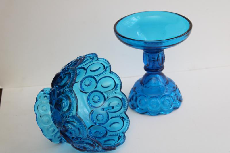 vintage moon and stars pattern blue glass candle lamp, candlestick w/ shade