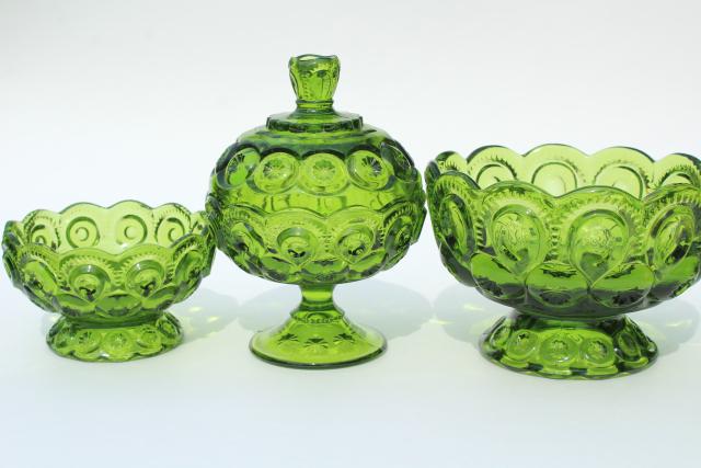 vintage moon and stars pattern green glass candy dishes, instant collection