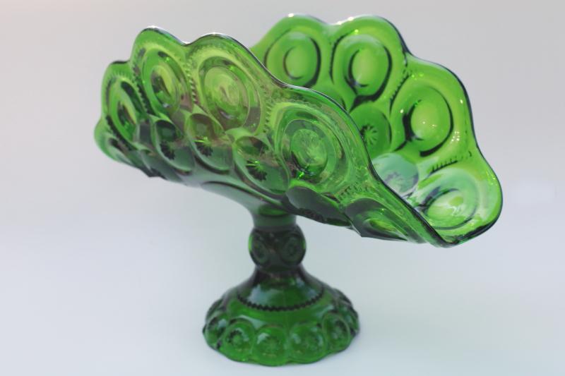 vintage moon and stars pattern green glass, tall banana stand fruit bowl centerpiece