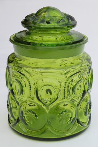 vintage moon & stars pattern glass canister, green glass moon & stars jar w/ lid