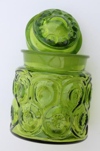 vintage moon & stars pattern glass canister, green glass moon & stars jar w/ lid