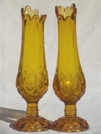 vintage moon & stars pattern glass vases, canary yellow amber glass tall vase set