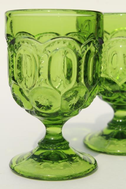 vintage moon & stars pattern green glassware, cordial or sherry wine glasses
