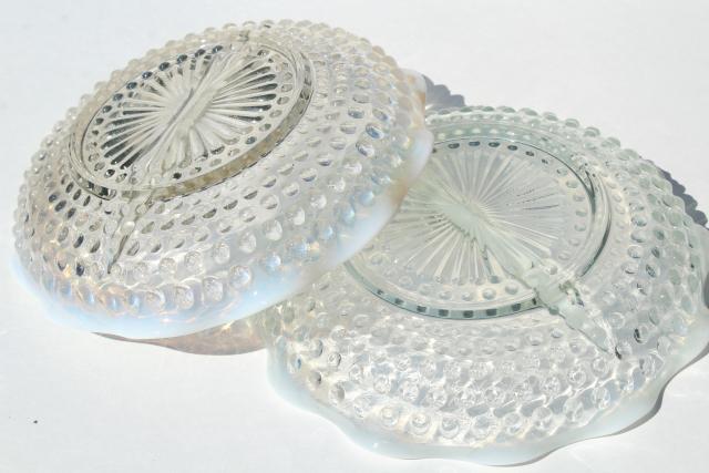 Vintage Moonstone Opalescent Hobnail Glass Relish Dishes And Sandwich Tray Serving Plates