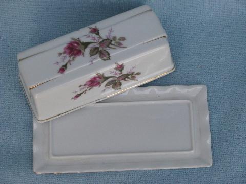 vintage moss rose china covered butter dish, porcelain plate w/ cover