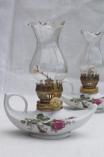 vintage moss rose china oil lamps, pair of miniature fairy light boudoir lamps