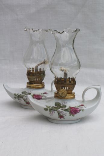 vintage moss rose china oil lamps, pair of miniature fairy light boudoir lamps