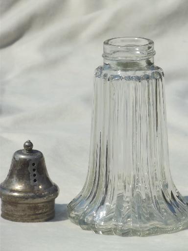 vintage muffineer sugar shaker, pressed glass jar w/ silver shaker lid 