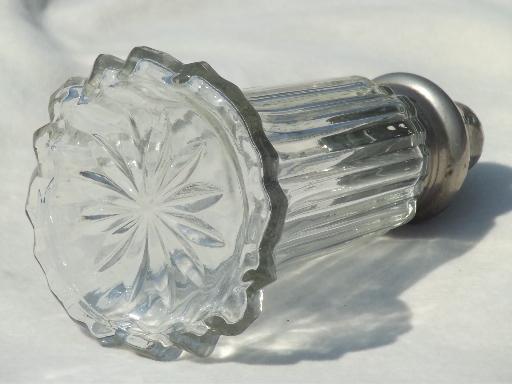 vintage muffineer sugar shaker, pressed glass jar w/ silver shaker lid 