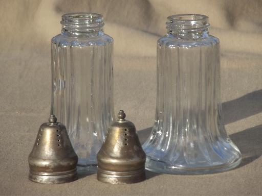vintage muffineer sugar shakers set, pressed glass jars w/ silver shaker tops
