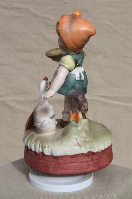 vintage music box, Hummel style little child ceramic goose girl figurine