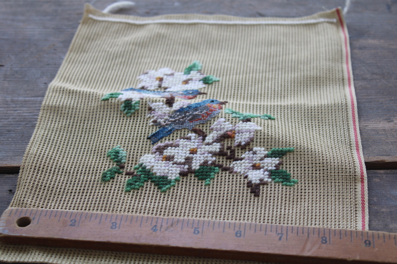 vintage needlepoint canvas, preworked flowering dogwood branch w/ petit point bluebirds