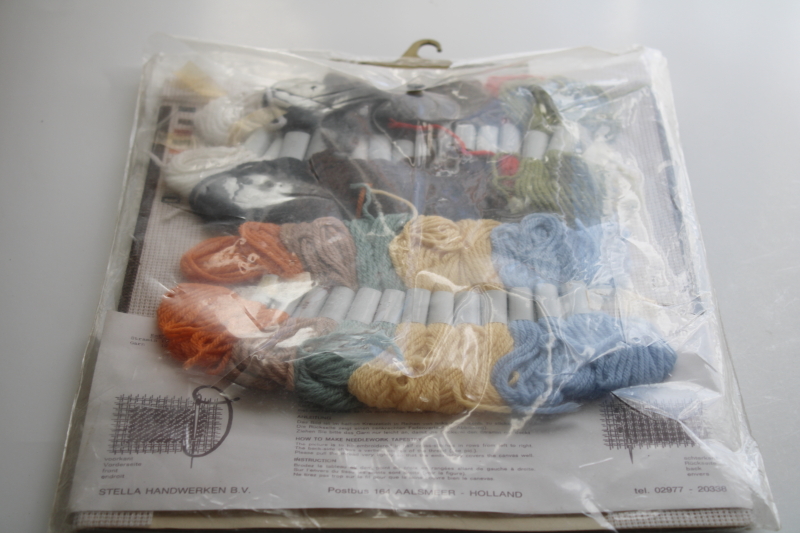 vintage needlepoint kit, Dutch countryside scene cottage  sailing ship, Stella Holland canvas  wool