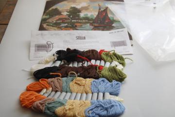 vintage needlepoint kit, Dutch countryside scene cottage  sailing ship, Stella Holland canvas  wool