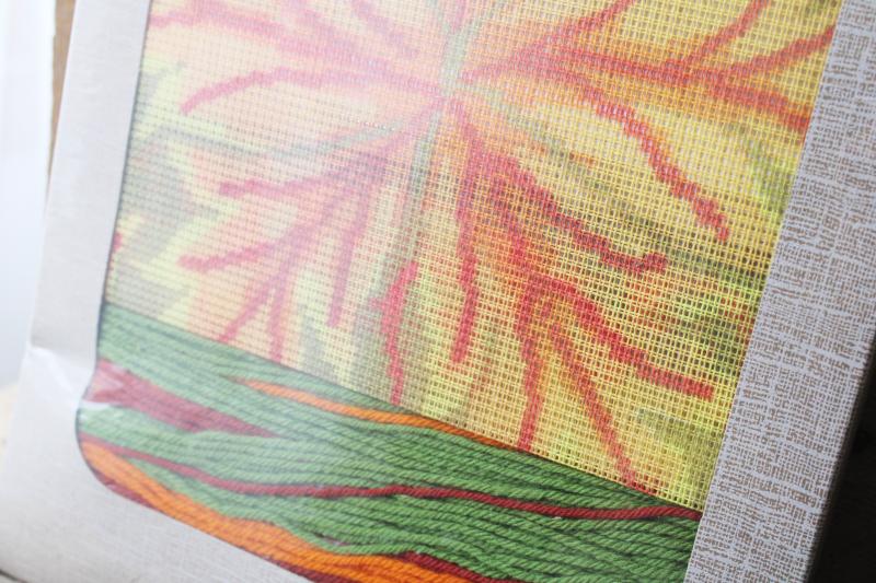 vintage needlepoint kit, fall foliage canvas w/ wool yarn, autumn maple leaf