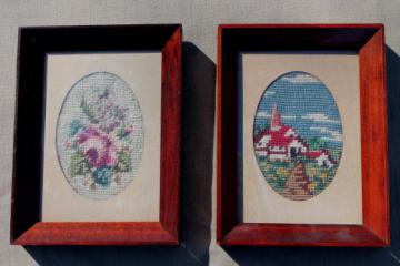 vintage needlepoint pictures, roses & a little white church in cottage style frames