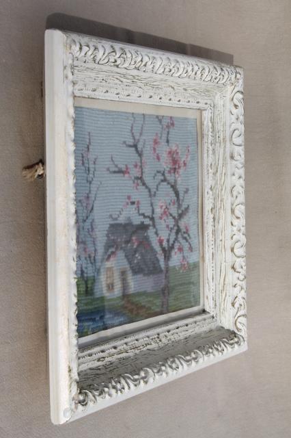 Vintage Needlepoint Pictures Shabby Chic Country Scenes In White