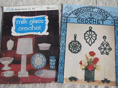 vintage needlework pattern booklets lot, milk glass / wrought iron crochet