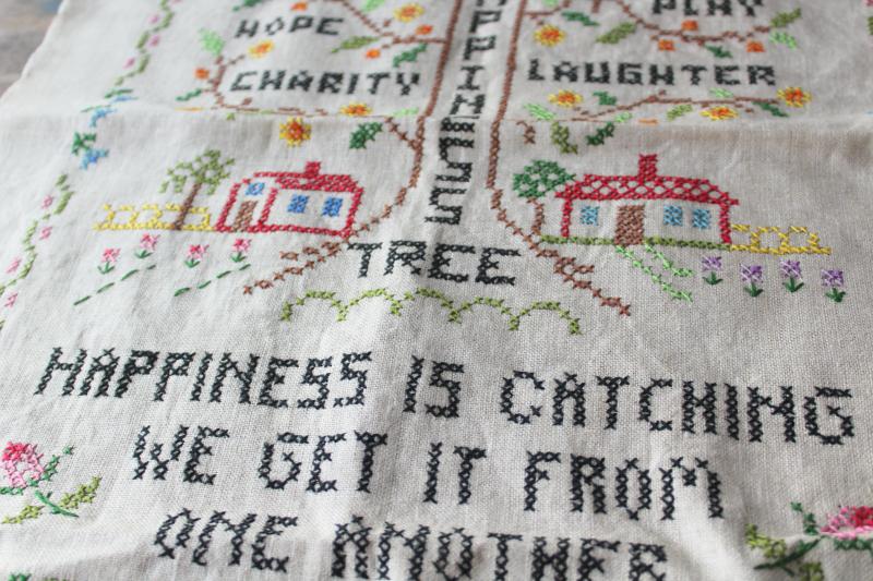 vintage needlework sampler, Happiness is Catching cross stitch embroidery on linen