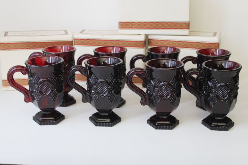 vintage new in box Avon Cape Cod ruby red glass tall mugs for coffee, cocoa or cider set of 8