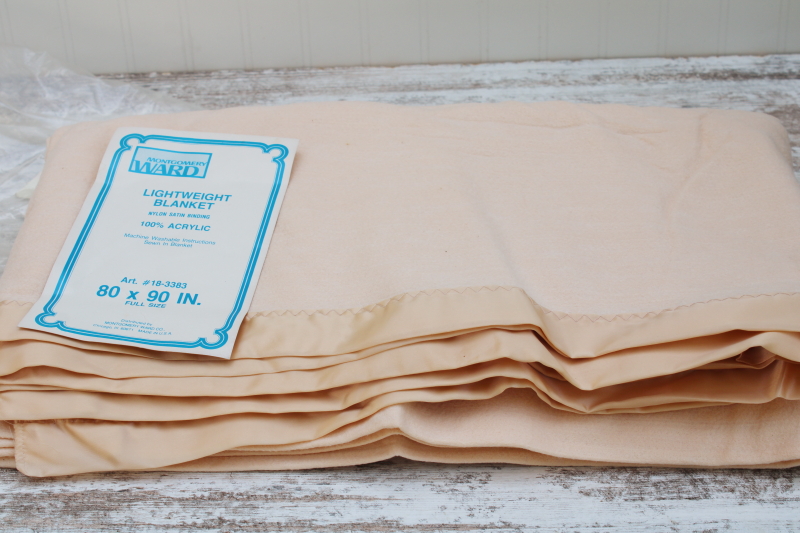 vintage new in package ecru blush tan blanket, full size bed blanket soft acrylic w/ satin binding