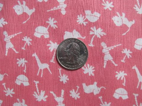 vintage novelty print cotton fabric, elephants, giraffes, lions on pink