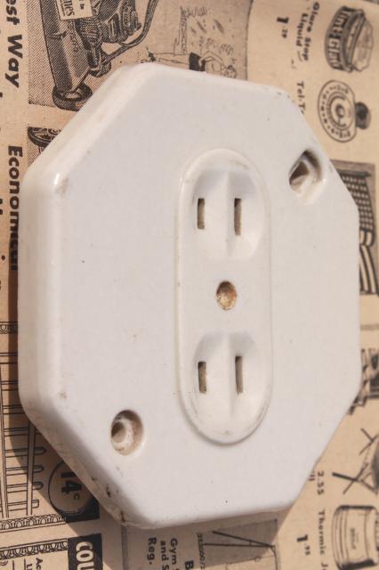 vintage octagonal white ironstone electrical outlet  porcelain receptacles