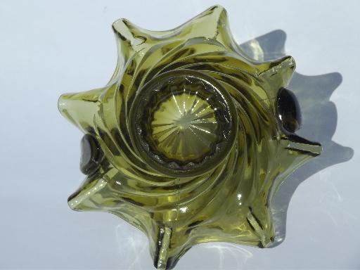 vintage olive green flower basket, swirl shape hand-blown glass basket