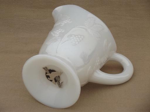 vintage opalescent milk glass pitcher, blackberry bramble pattern glass 