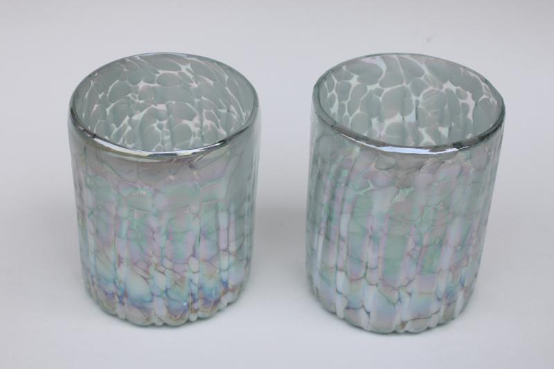 vintage opalescent spatter glass tumblers, hand blown art glass drinking glasses