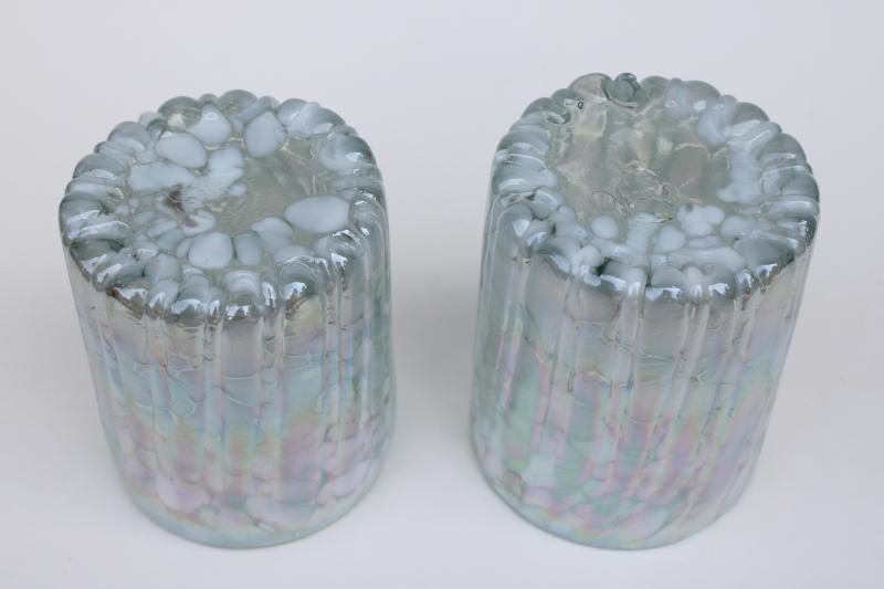vintage opalescent spatter glass tumblers, hand blown art glass drinking glasses
