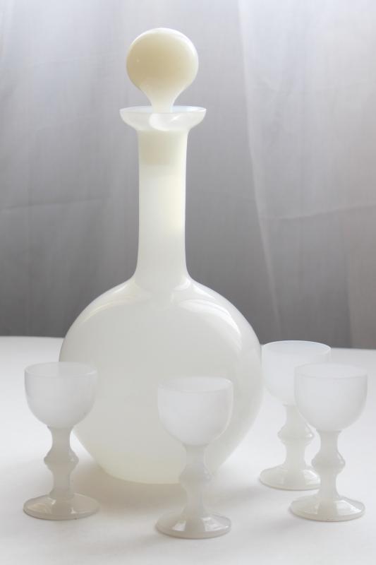 vintage opaline milk glass decanter & glasses, Portieux Vallerysthal white opalescent glass