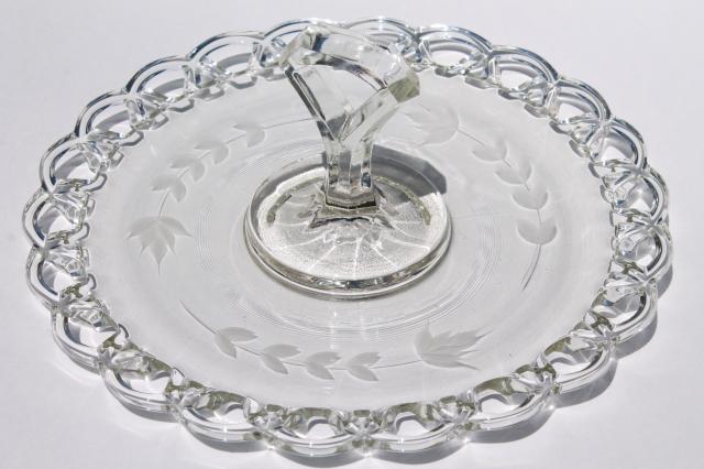 vintage open lace edge glass plate w/ center handle, elegant etched glass sandwich / cake tray