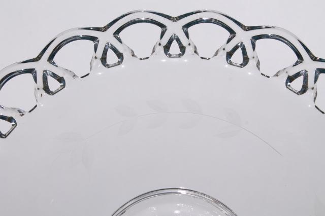 vintage open lace edge glass plate w/ center handle, elegant etched glass sandwich / cake tray