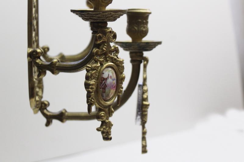 vintage ornate brass candle sconces w/ china cameo pictures, romantic french country scenes