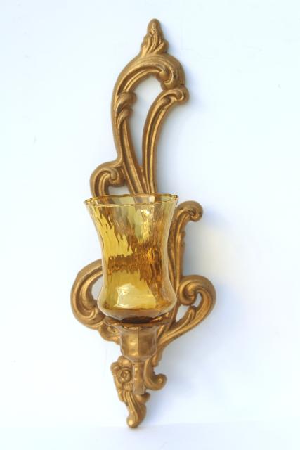 vintage ornate gold metal candle sconces w/ amber glass candle holder shades