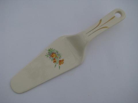 vintage oven proof china, pottery cake or pie server, yellow tulips