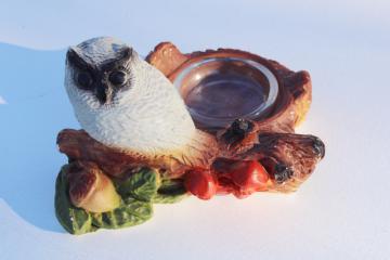 vintage owl and mushrooms chalkware ashtray or candle holder, retro carnival style chalkware