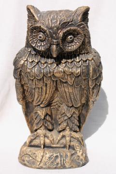 vintage owl statue, large chalkware figure w/ old gold black paint, magic mystical fairy tale owl